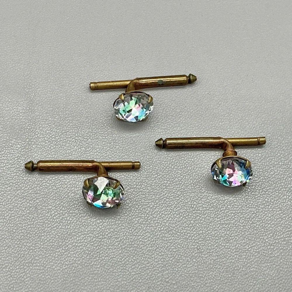 Vintage Aurora Borealis Crystal Cufflinks Gold Tone Oval AB Rhinestone Formal